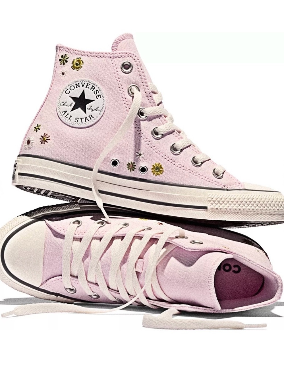 Converse women’s Light Pink High-Top Sneakers with embroiderd flowers size 8